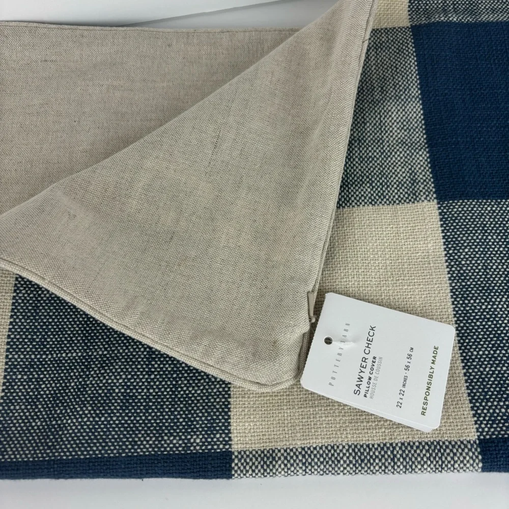 Pottery Barn Sawyer Check in Cream& blue pillow cover-NWT - Picture 2 of 10